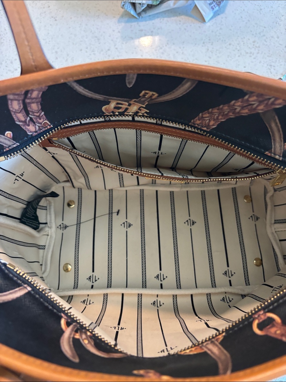 New w/o Tags - Ralph Lauren Black Tote with Tan Equestrian Print & Tan Trim - Picture 4 of 4